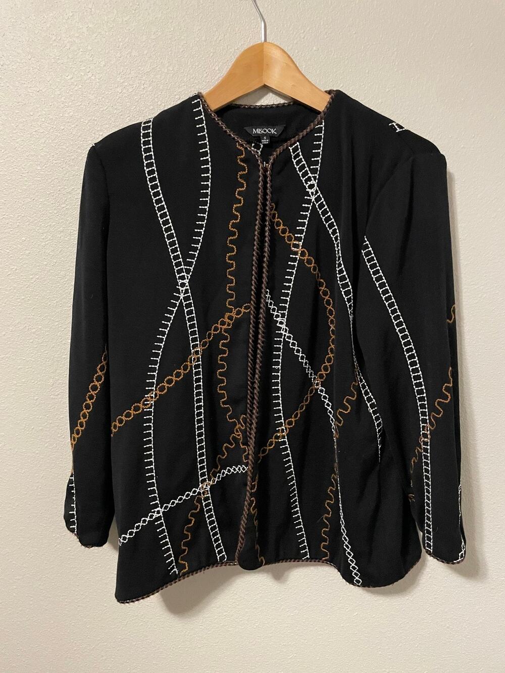 Misook Cardigan Sweater Womens Small Black Geometric Embroidered Open Front Knit